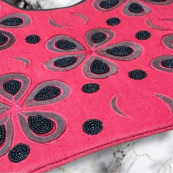 AARONG Hand Beaded Floral Shoulder Tote Bag Red Black Brown - Picture 4 of 11